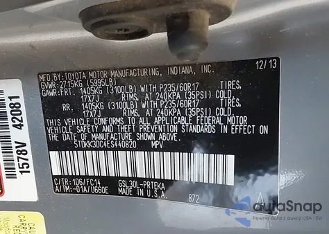 2014 Toyota Sienna Le z USA, uszkodzony, nr VIN 5TDKK3DC4ES440820